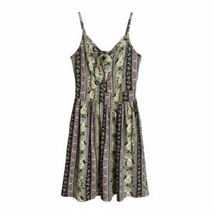 SHEIN Olive Green Multi-Print Floral Paisley Tie Accent Spaghetti Strap Romper